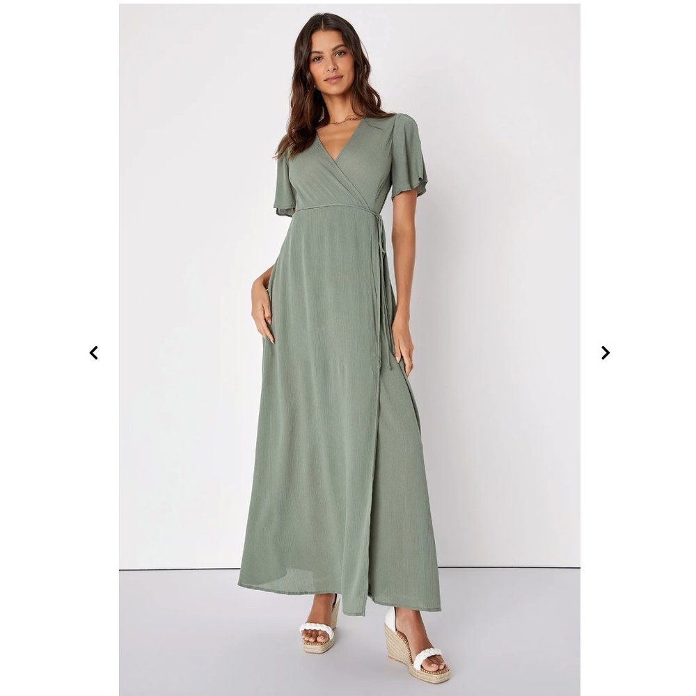 Lulus Much Obliged Washed Olive Green Wrap Maxi Dress, small
